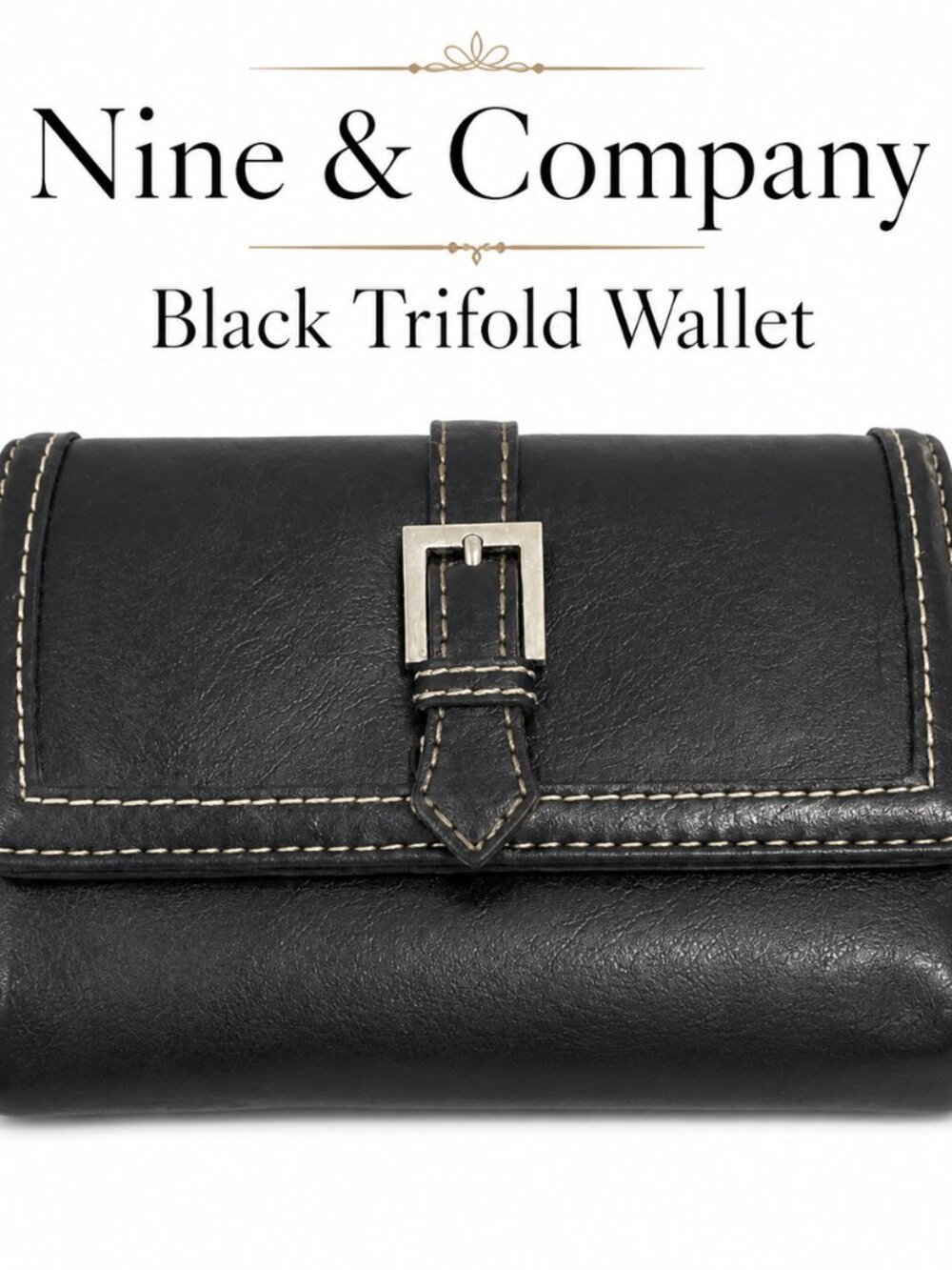 Nine & Company Black Trifold Wallet Womens Faux Leather Snap Coin Zip Organizer